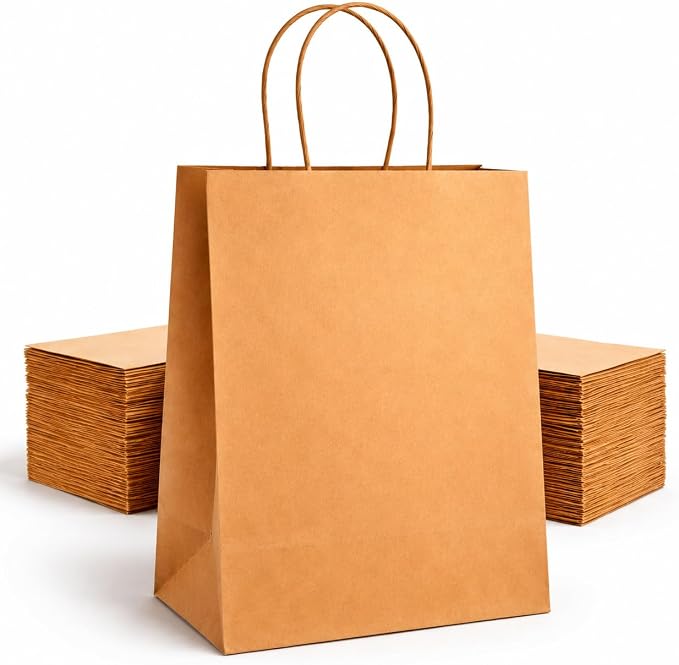 HURUC Medium Brown Paper Bags with Handles | 130 GSM Kraft Bags