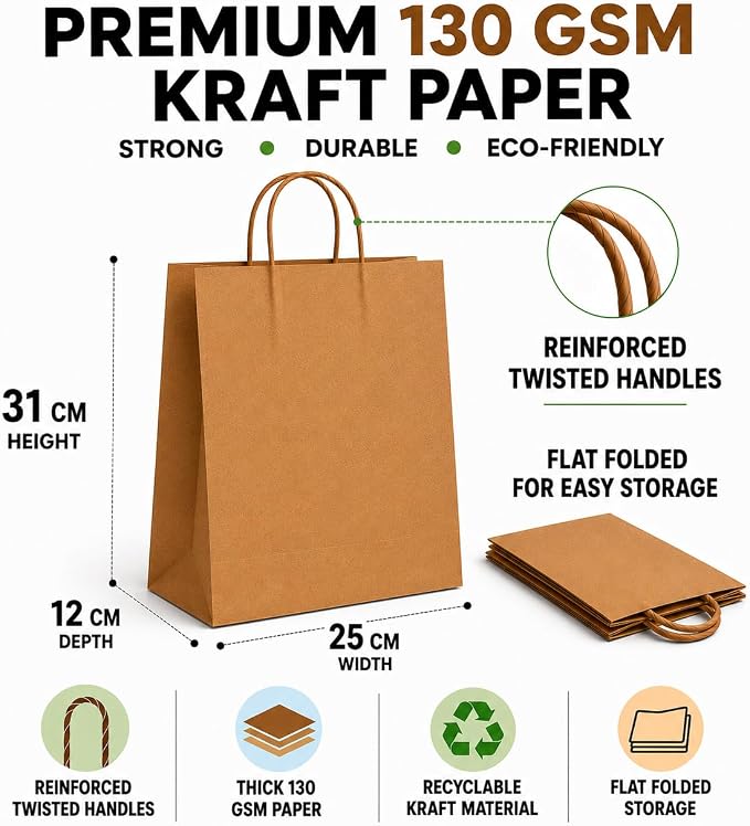 HURUC Large Brown Paper Bags with Handles | 130 GSM Kraft Bags