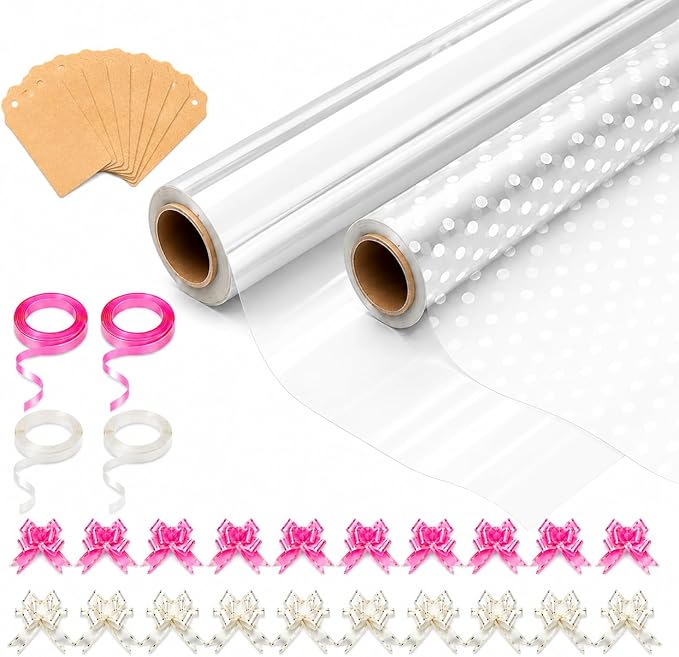 HURUC Cellophane Gift Wrap Bundle 40cm x 30m | Clear & Dotted Rolls with Bows, Ribbons & Gift Tags