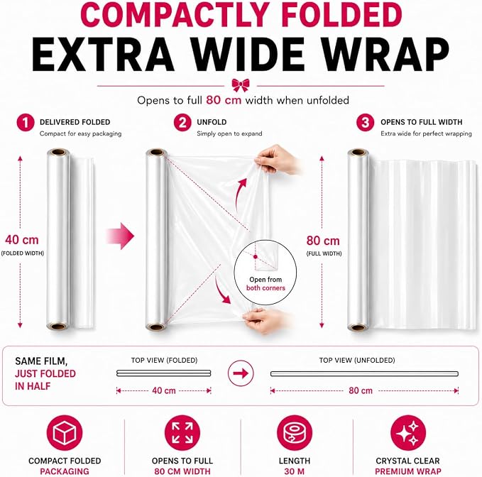 HURUC Clear Cellophane Wrap Roll 80cm x 30m Extra Wide | Gift Wrapping & Hampers