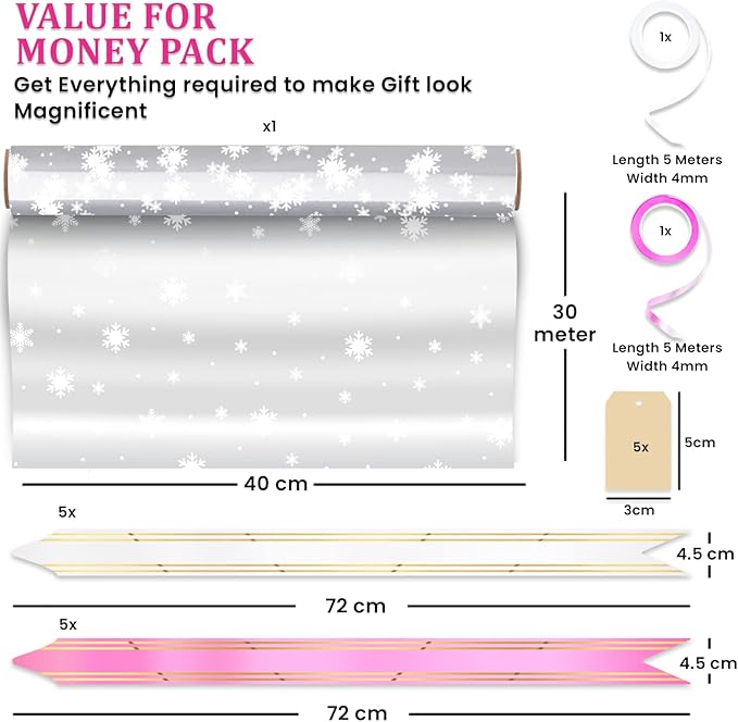 HURUC Snowflakes Cellophane Wrap Roll 40cm x 30m | Clear Gift Wrap