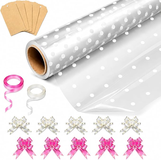 HURUC Dotted Cellophane Wrap Hamper Kit 40cm x 30m | 10 Pull Bows, 2 Ribbons & 5 Gift Tags
