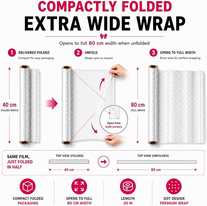 HURUC Dotted Cellophane Wrap Roll 80cm x 30m Extra Wide | Gift Wrapping & Hampers