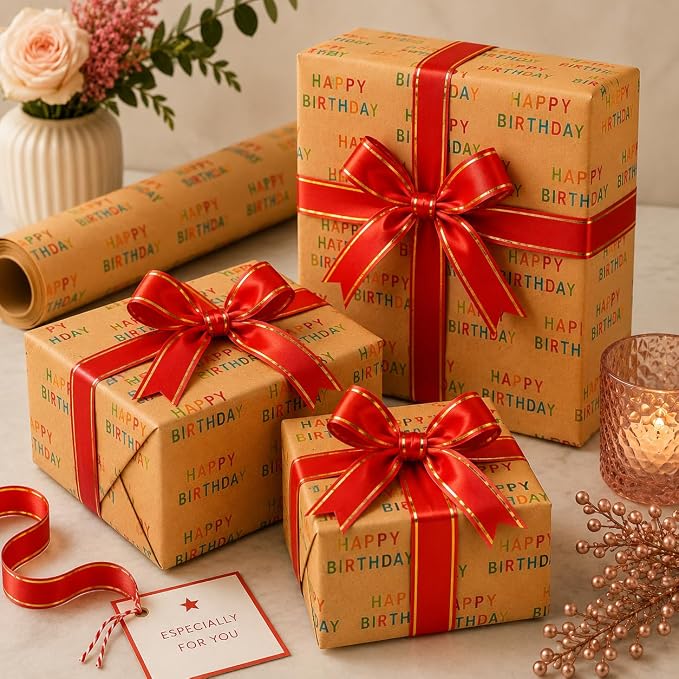 HURUC Happy Birthday Gift Wrap Roll 43cm x 25m + 5 Red Pull Bows