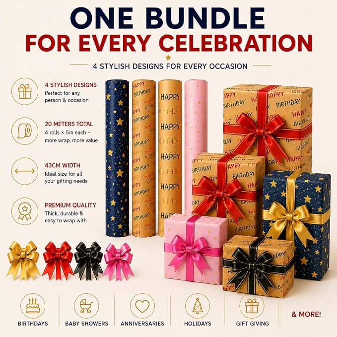 HURUC Gift Wrap Collection – 4 x 43cm x 5m Rolls with 12 Pull Bows