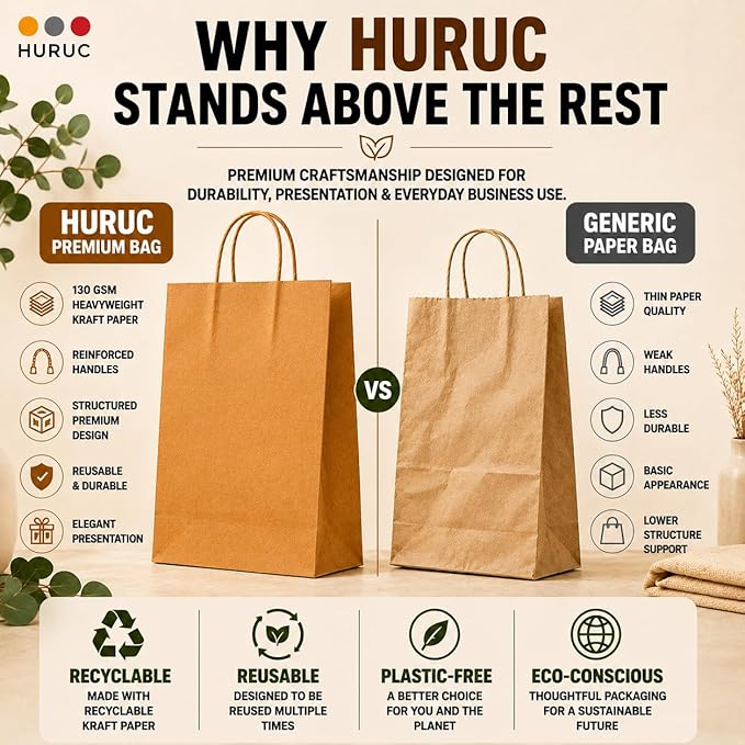 HURUC Large Brown Paper Bags with Handles | 130 GSM Kraft Bags