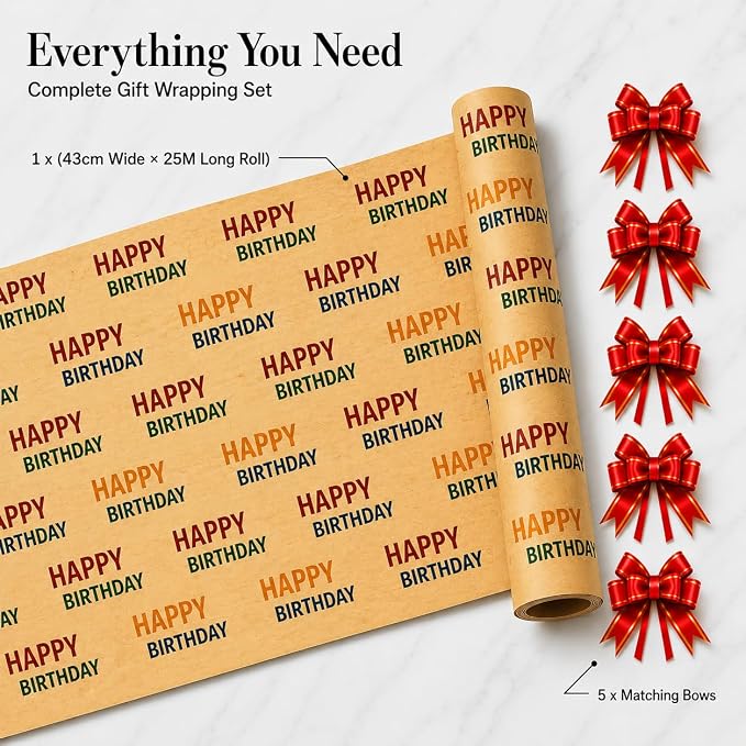HURUC Happy Birthday Gift Wrap Roll 43cm x 25m + 5 Red Pull Bows
