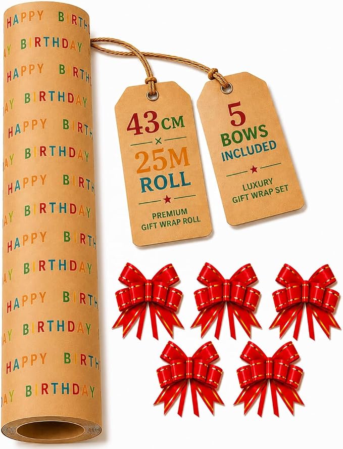 HURUC Happy Birthday Gift Wrap Roll 43cm x 25m + 5 Red Pull Bows