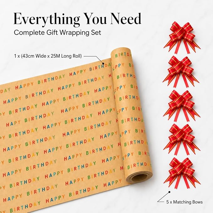 HURUC Happy Birthday Gift Wrap Roll 43cm x 25m + 5 Red Pull Bows