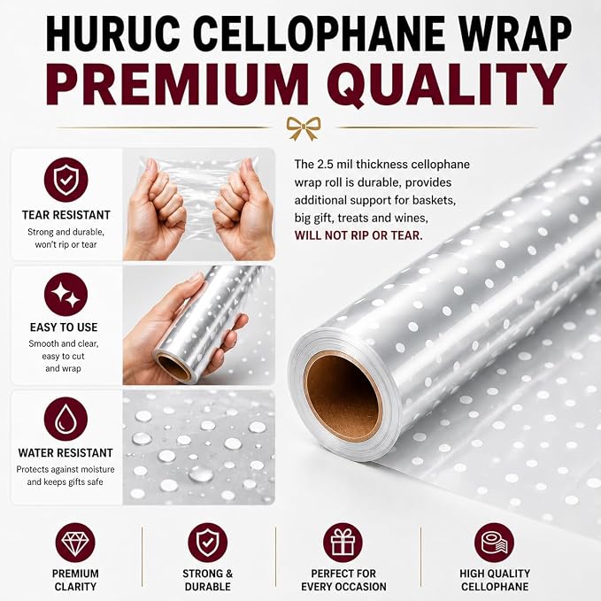HURUC Dotted Cellophane Wrap Hamper Kit 40cm x 30m | 10 Pull Bows, 2 Ribbons & 5 Gift Tags