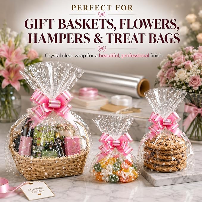 HURUC Dotted Cellophane Wrap Hamper Kit 40cm x 30m | 10 Pull Bows, 2 Ribbons & 5 Gift Tags