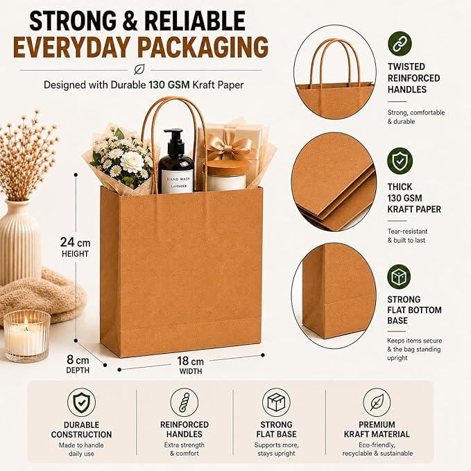 HURUC Medium Brown Paper Bags with Handles | 130 GSM Kraft Bags