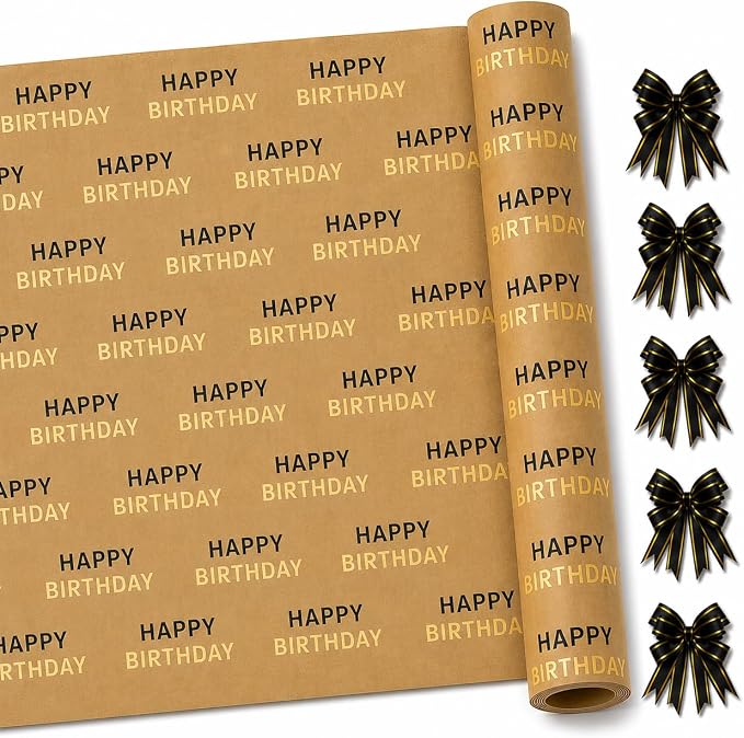HURUC Black & Gold Happy Birthday Gift Wrap Roll 43cm x 25m + 5 Pull Bows