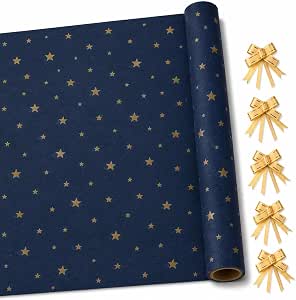 HURUC Navy Star Gift Wrap Roll 43cm x 25m + 5 Gold Pull Bows