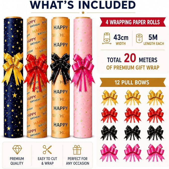 HURUC Gift Wrap Collection – 4 x 43cm x 5m Rolls with 12 Pull Bows