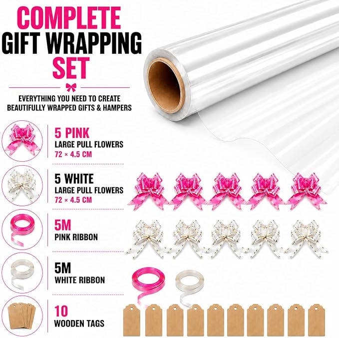 HURUC Clear Cellophane Wrap Roll 80cm x 30m Extra Wide | Gift Wrapping & Hampers