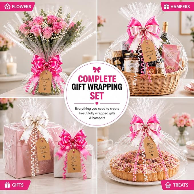 HURUC Cellophane Gift Wrap Bundle 40cm x 30m | Clear & Dotted Rolls with Bows, Ribbons & Gift Tags
