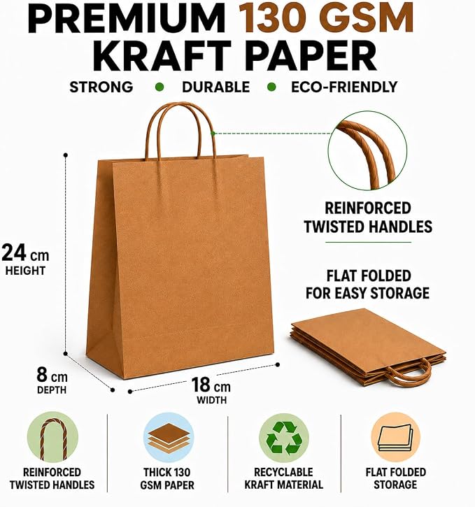 HURUC Medium Brown Paper Bags with Handles | 130 GSM Kraft Bags