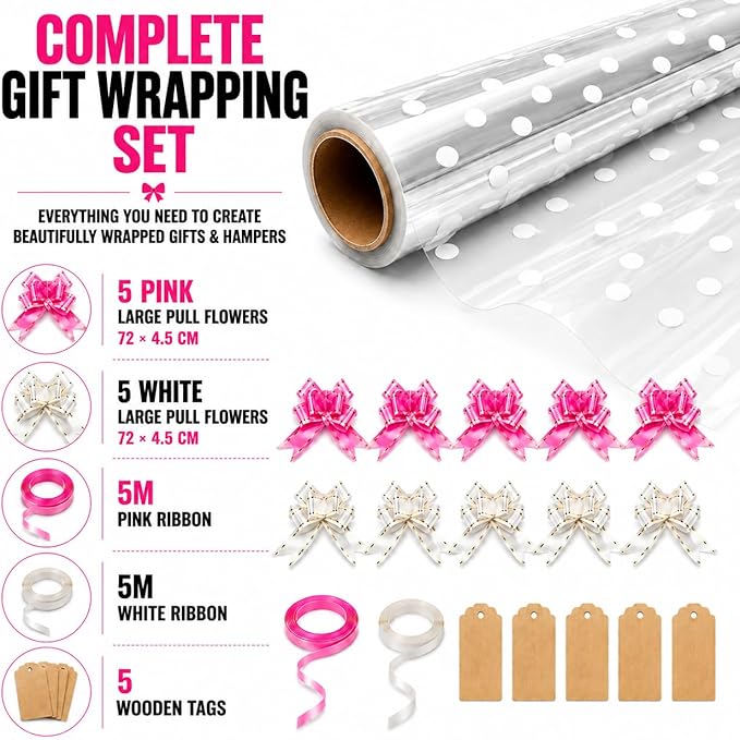 HURUC Dotted Cellophane Wrap Hamper Kit 40cm x 30m | 10 Pull Bows, 2 Ribbons & 5 Gift Tags