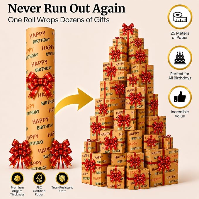 HURUC Happy Birthday Gift Wrap Roll 43cm x 25m + 5 Red Pull Bows