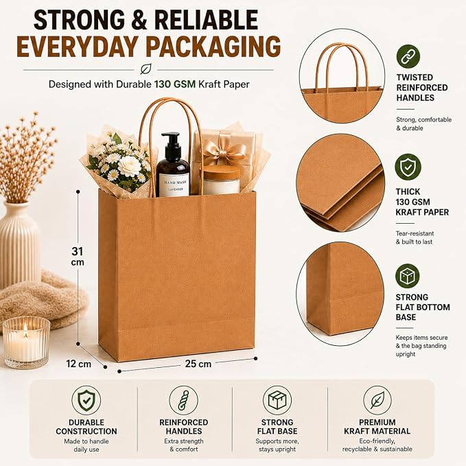 HURUC Large Brown Paper Bags with Handles | 130 GSM Kraft Bags