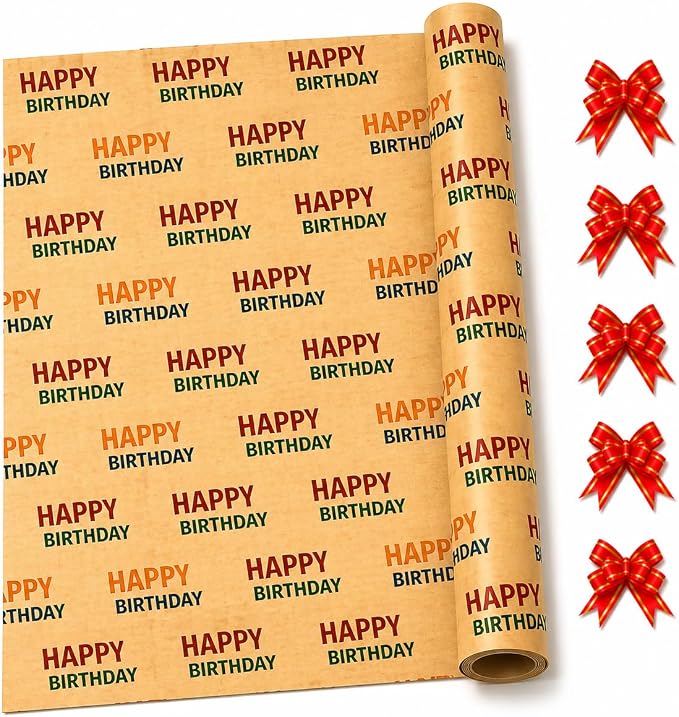HURUC Happy Birthday Gift Wrap Roll 43cm x 25m + 5 Red Pull Bows