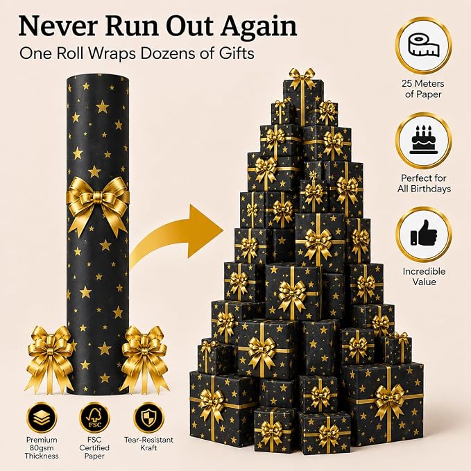 HURUC Navy Star Gift Wrap Roll 43cm x 25m + 5 Gold Pull Bows