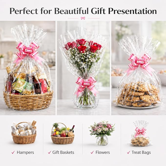 HURUC Dotted Cellophane Wrap Hamper Kit 40cm x 30m | 10 Pull Bows, 2 Ribbons & 5 Gift Tags