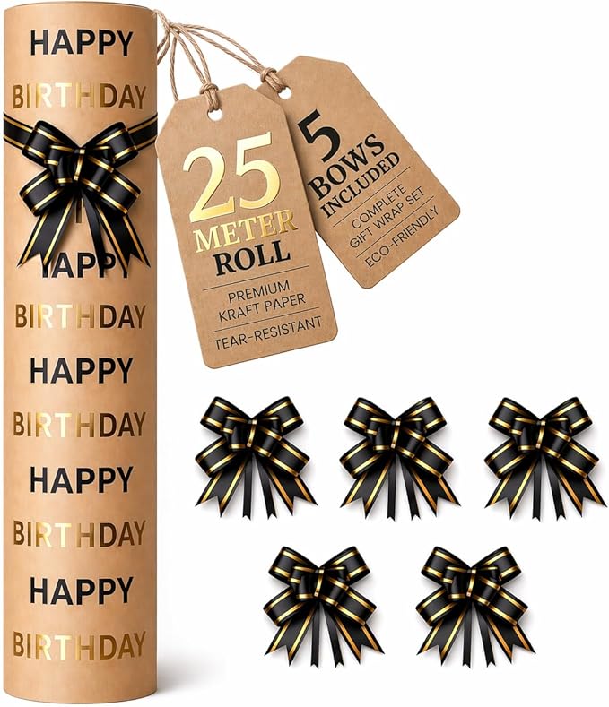 HURUC Black & Gold Happy Birthday Gift Wrap Roll 43cm x 25m + 5 Pull Bows