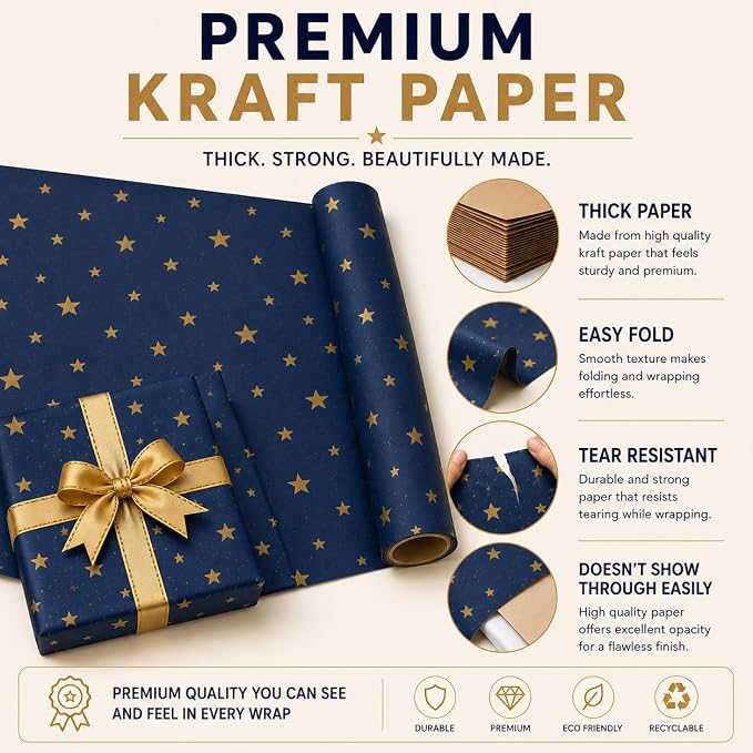 HURUC Gift Wrap Collection – 4 x 43cm x 5m Rolls with 12 Pull Bows