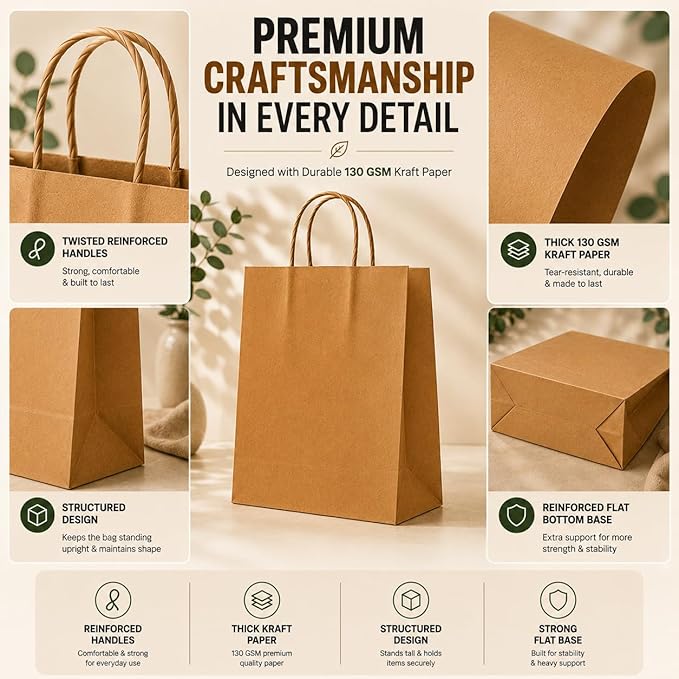 HURUC Medium Brown Paper Bags with Handles | 130 GSM Kraft Bags
