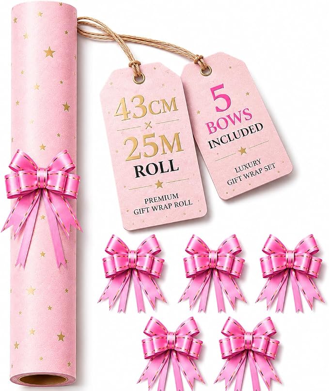 HURUC Pink Star Gift Wrapping Paper Roll 43cm x 25m with 5 Matching Pull Bows