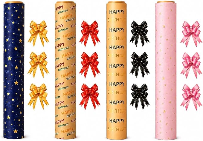 HURUC Gift Wrap Collection – 4 x 43cm x 5m Rolls with 12 Pull Bows