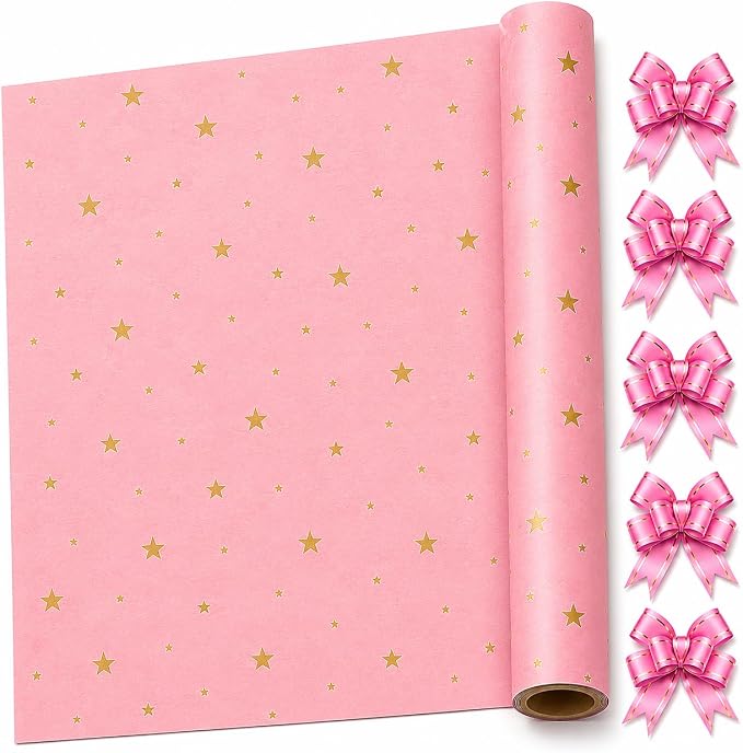 HURUC Pink Star Gift Wrapping Paper Roll 43cm x 25m with 5 Matching Pull Bows