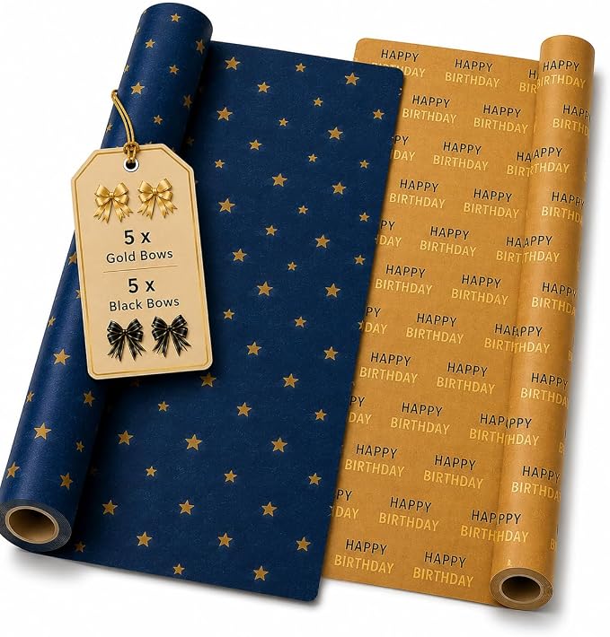 HURUC Navy Star & Birthday Gift Wrapping Paper Roll Set - Pack of 2