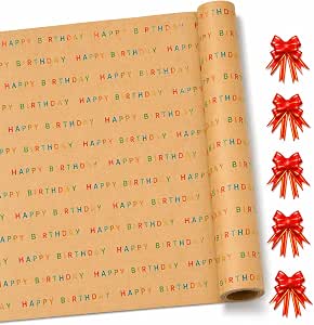 HURUC Happy Birthday Gift Wrap Roll 43cm x 25m + 5 Red Pull Bows