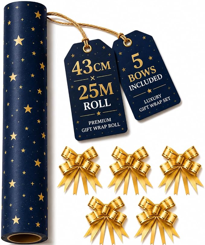HURUC Navy Star Gift Wrap Roll 43cm x 25m + 5 Gold Pull Bows