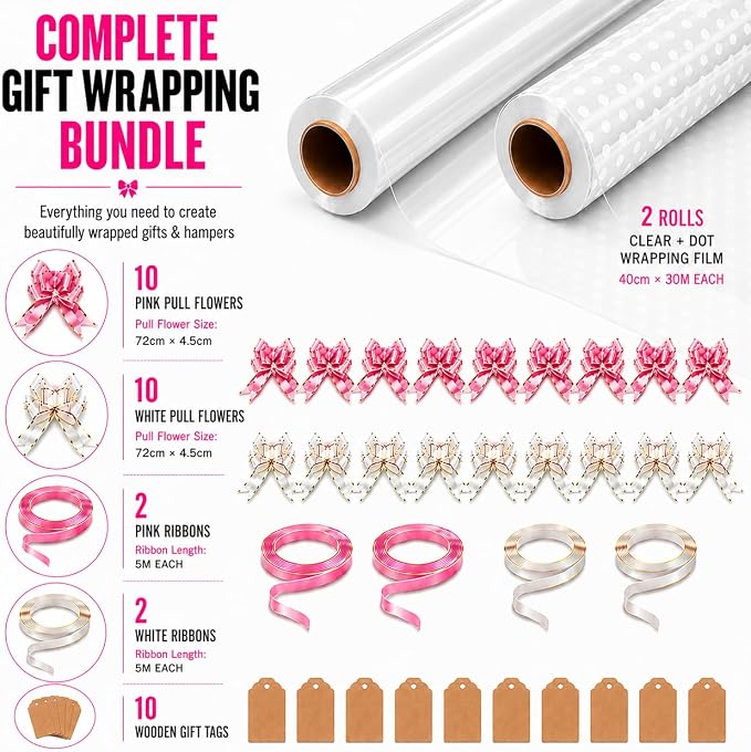 HURUC Cellophane Gift Wrap Bundle 40cm x 30m | Clear & Dotted Rolls with Bows, Ribbons & Gift Tags