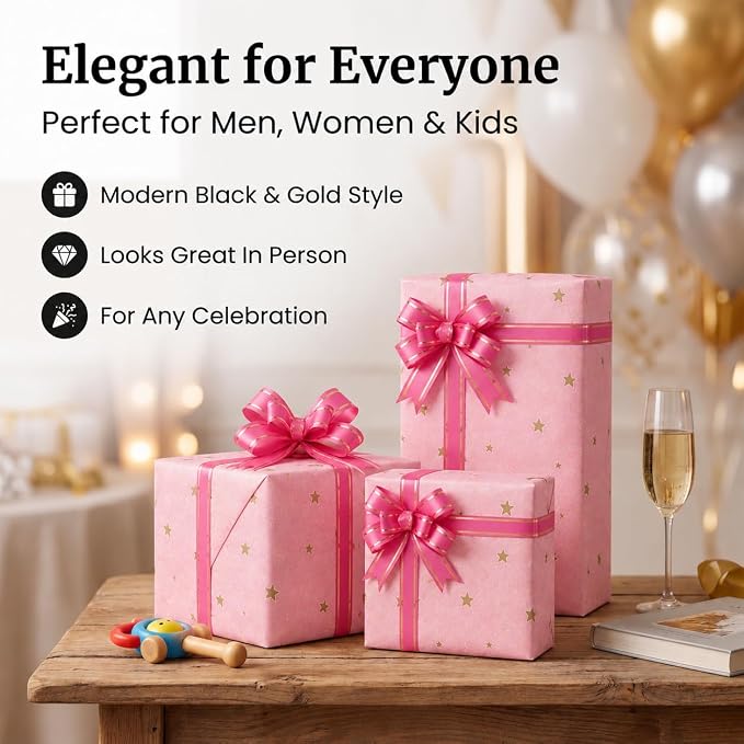 HURUC Pink Star Gift Wrapping Paper Roll 43cm x 25m with 5 Matching Pull Bows