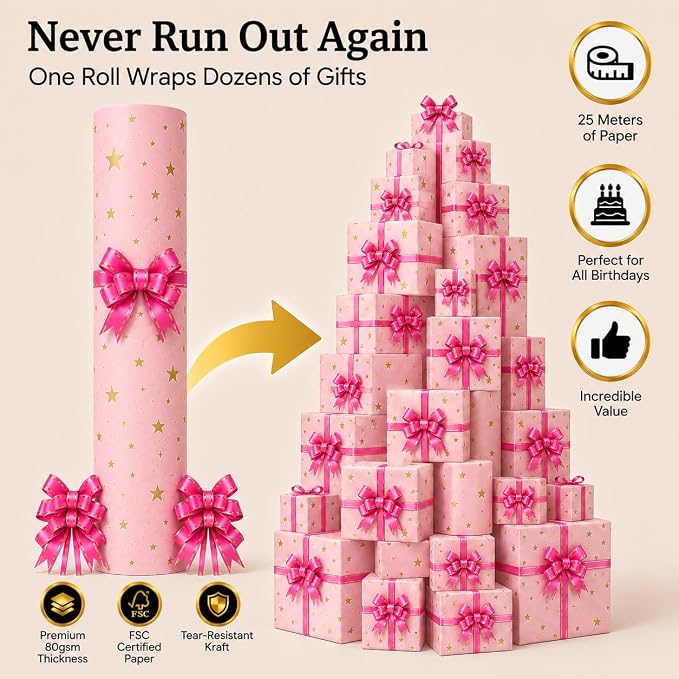 HURUC Pink Star Gift Wrapping Paper Roll 43cm x 25m with 5 Matching Pull Bows