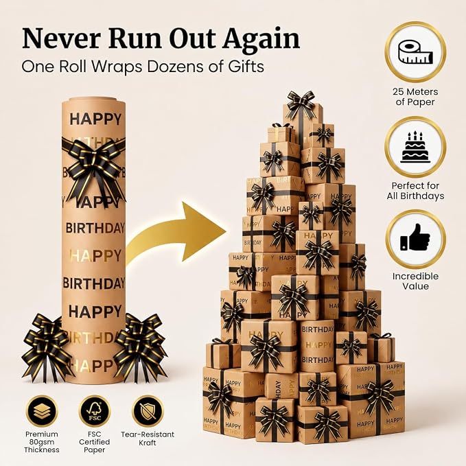 HURUC Black & Gold Happy Birthday Gift Wrap Roll 43cm x 25m + 5 Pull Bows