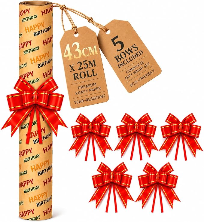 HURUC Happy Birthday Gift Wrap Roll 43cm x 25m + 5 Red Pull Bows
