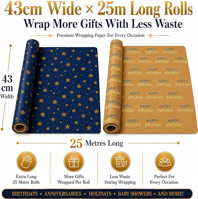 HURUC Navy Star & Birthday Gift Wrapping Paper Roll Set - Pack of 2