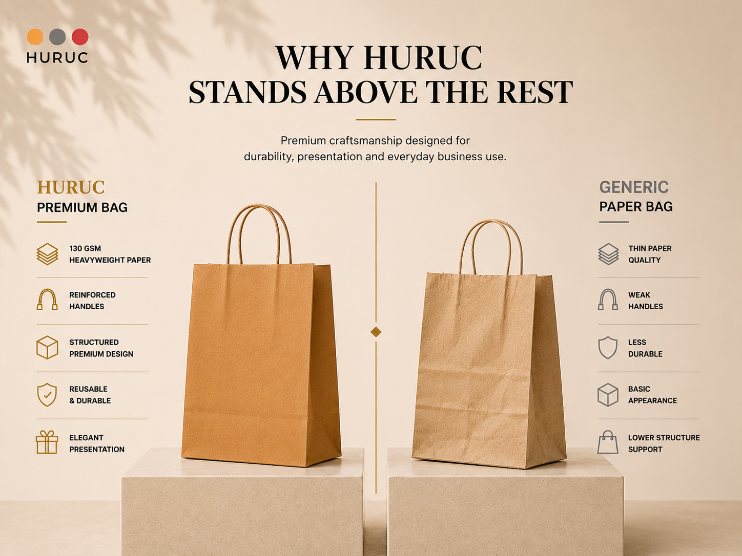 HURUC Brown Paper Bags with Handles 50 Pack Medium